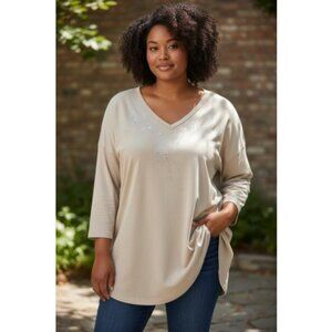 PFI FASHION Beige Rhinestone Accent V Neck Pullover Top Womans Plus Size 2X